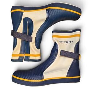 Vintage Sperry Top-Sider Rubber Rain Boots Navy Cream Yellow Size 11 M